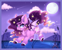 Size: 1600x1295 | Tagged: safe, artist:pvrii, oc, oc only, oc:luminary lust, species:bat pony, species:pony, cloud, moon, night, reed, reeds, solo, water