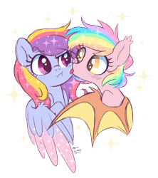 Size: 2388x2692 | Tagged: safe, artist:hawthornss, oc, oc only, oc:glittering cloud, oc:paper stars, species:bat pony, species:pegasus, species:pony, bat pony oc, blushing, cute, female, glitterstars, lesbian, licking, licking face, mare, paperbetes, rainbow hair, shipping, simple background, sparkles, tongue out, transparent background, weapons-grade cute