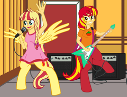 Size: 5486x4182 | Tagged: safe, artist:oneovertwo, oc, oc only, oc:evenfall, oc:eventide, parent:sunset shimmer, satyr, my little pony:equestria girls, absurd resolution, armpits, clothing, dress, flying v, guitar, offspring, shirt