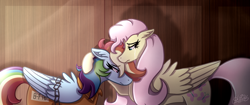 Size: 3000x1265 | Tagged: safe, artist:kikirdcz, character:fluttershy, character:rainbow dash, species:pegasus, species:pony, ship:flutterdash, clothing, comforting, crying, female, floppy ears, lesbian, mare, prison outfit, prisoner rd, sad, shipping, signature