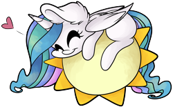 Size: 7876x4894 | Tagged: safe, artist:cutepencilcase, character:princess celestia, species:pony, absurd resolution, cute, cutelestia, ear fluff, eyes closed, female, fluffy, heart, hug, mare, missing accessory, missing cutie mark, prone, simple background, smiling, solo, sun, tangible heavenly object, transparent background