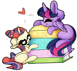 Size: 3928x3648 | Tagged: safe, artist:cutepencilcase, character:moondancer, character:twilight sparkle, character:twilight sparkle (alicorn), species:alicorn, species:pony, species:unicorn, adorkable, book, bookhorse, cute, dancerbetes, dork, duo, eyes closed, female, floppy ears, fluffy, heart, hug, mare, missing cutie mark, simple background, sitting, smiling, that pony sure does love books, transparent background, twiabetes