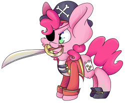 Size: 5579x4577 | Tagged: safe, artist:cutepencilcase, character:pinkie pie, absurd resolution, clothing, cutlass, female, hat, mouth hold, pirate, pirate hat, simple background, solo, transparent background