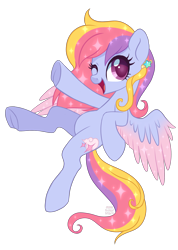Size: 2064x2891 | Tagged: safe, artist:hawthornss, oc, oc only, oc:glittering cloud, species:pegasus, species:pony, cute, flying, long tail, looking at you, one eye closed, open mouth, simple background, solo, sparkles, transparent background, underhoof, wink