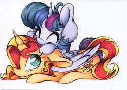 Size: 2454x1734 | Tagged: safe, artist:cutepencilcase, character:sunset shimmer, character:twilight sparkle, character:twilight sparkle (alicorn), species:alicorn, species:pony, species:unicorn, ship:sunsetsparkle, :t, cuddling, cute, eyes closed, female, floppy ears, fluffy, hug, lesbian, looking up, lying down, mare, pony hat, prone, shimmerbetes, shipping, simple background, smiling, snuggling, traditional art, twiabetes, winghug