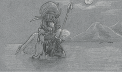 Size: 2100x1252 | Tagged: safe, artist:theandymac, oc, oc only, oc:evening breeze, species:changeling, armor, breath, changeling oc, cloak, clothing, male, monochrome, moon, night guard, royal guard, solo, spear, traditional art, weapon
