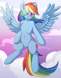 Size: 1159x1479 | Tagged: safe, artist:fensu-san, edit, character:rainbow dash, species:pegasus, species:pony, belly button, blushing, cloud, featureless crotch, female, flying, mare, one eye closed, smiling, solo