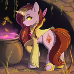 Size: 2000x2000 | Tagged: safe, artist:fensu-san, oc, oc only, species:pony, species:unicorn, cauldron, commission, feather, heart, looking at you, magic, red hair, red mane, solo, witch, witchcraft