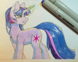 Size: 1280x1019 | Tagged: safe, artist:fensu-san, character:twilight sparkle, angry, female, fluffy, frown, glare, glowing eyes, glowing horn, gritted teeth, looking back, magic, nose wrinkle, solo, traditional art