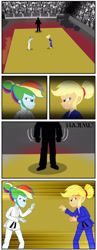 Size: 925x2386 | Tagged: safe, artist:invisibleguy-ponyman, character:applejack, character:rainbow dash, comic:lyra-lyra's bizarre adventure, my little pony:equestria girls, barefoot, black belt, clothing, comic, competition, feet, fight, gi, grimdark series, hatless, judo, martial arts, missing accessory, questionable series, referee, robe, text, trousers