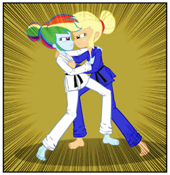 Size: 925x956 | Tagged: safe, artist:invisibleguy-ponyman, character:applejack, character:rainbow dash, comic:lyra-lyra's bizarre adventure, my little pony:equestria girls, angry, barefoot, black belt, clothing, comic, competition, feet, fight, gi, grimdark series, gritted teeth, hatless, judo, martial arts, missing accessory, questionable series, robe, trousers