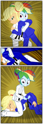 Size: 925x2624 | Tagged: safe, artist:invisibleguy-ponyman, character:applejack, character:rainbow dash, comic:lyra-lyra's bizarre adventure, my little pony:equestria girls, barefoot, black belt, clothing, comic, competition, eyes closed, feet, fight, gi, grimdark series, gritted teeth, hatless, judo, martial arts, missing accessory, pain, questionable series, robe, trousers