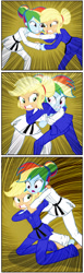 Size: 925x3002 | Tagged: safe, artist:invisibleguy-ponyman, character:applejack, character:rainbow dash, comic:lyra-lyra's bizarre adventure, my little pony:equestria girls, barefoot, black belt, clothing, comic, competition, feet, fight, gi, grimdark series, gritted teeth, hatless, judo, martial arts, missing accessory, pain, questionable series, robe, trousers