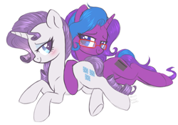 Size: 2951x2071 | Tagged: safe, artist:hawthornss, character:rarity, oc, oc:scribble script, species:pony, species:unicorn, blushing, canon x oc, cuddling, cute, female, glasses, lesbian, lidded eyes, looking at each other, lying down, prone, shipping, simple background, smiling, snuggling, underhoof, white background