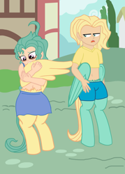 Size: 2297x3217 | Tagged: safe, artist:oneovertwo, oc, oc only, oc:drizzle, oc:gale, parent:zephyr breeze, satyr, belly button, brother and sister, clothing, midriff, offspring, preening, short shirt, skirt
