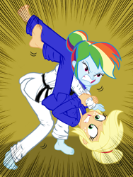 Size: 836x1112 | Tagged: safe, artist:invisibleguy-ponyman, character:applejack, character:rainbow dash, my little pony:equestria girls, barefoot, black belt, choking, clothing, cropped, feet, fight, gi, grappling, gritted teeth, hatless, judo, martial arts, missing accessory, robe, triangle, trousers