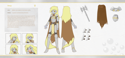 Size: 2150x1008 | Tagged: safe, artist:howxu, character:derpy hooves, my little pony:equestria girls, armor, axe, cloak, clothing, epic derpy, female, food, muffin, reference sheet, solo, tongue out, weapon