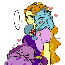 Size: 1000x1000 | Tagged: safe, artist:raika0306, character:adagio dazzle, character:aria blaze, character:sonata dusk, species:siren, my little pony:equestria girls, ..., amulet, ariabetes, behaving like a cat, blush sticker, blushing, cat, clothing, cute, eyes closed, fangs, female, gem, heart, hippocampus, jewelry, leaning, mamadagio, necklace, open mouth, simple background, siren gem, sitting, sleeping, sonatabetes, the dazzlings, trio, unamused, white background