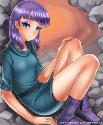 Size: 800x968 | Tagged: safe, artist:racoonsan, character:maud pie, species:human, boots, clothing, dress, female, humanized, legs, lidded eyes, looking at you, sauna, sexy, sitting, skirt, skirt lift, solo, stupid sexy maud pie, sweat, thighs