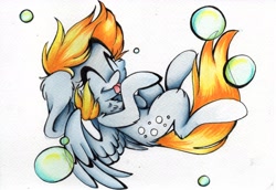 Size: 2468x1700 | Tagged: safe, artist:cutepencilcase, character:derpy hooves, species:pegasus, species:pony, bubble, chest fluff, eyes closed, female, mare, simple background, solo, tongue out, traditional art, white background