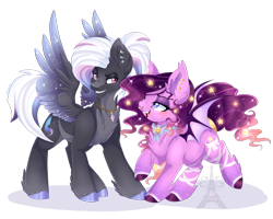 Size: 1024x819 | Tagged: safe, artist:pvrii, oc, oc only, oc:luminary lust, oc:starry nights, species:bat pony, species:pegasus, species:pony, chest fluff, female, jewelry, male, mare, necklace, simple background, stallion, transparent background