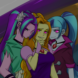 Size: 1000x1000 | Tagged: safe, artist:raika0306, character:adagio dazzle, character:aria blaze, character:sonata dusk, equestria girls:rainbow rocks, g4, my little pony: equestria girls, my little pony:equestria girls, condescending, evil grin, female, gem, gesugao, glowing eyes, grin, jewelry, looking at you, necklace, pendant, siren gem, smiling, smug, the dazzlings, trio, trio female