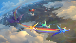 Size: 4400x2475 | Tagged: safe, artist:viwrastupr, character:rainbow dash, species:dragon, cloud, cloudy, contrail, crossover, flying, how to train your dragon, latias, latios, night fury, pokémon, race, scenery, scenery porn, shiny pokémon, sky, spread wings, toothless the dragon, wings