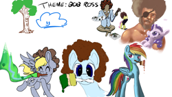 Size: 1920x1080 | Tagged: safe, artist:ailynd, artist:brainflowcrash, artist:cutepencilcase, artist:living_dead, artist:strangersaurus, character:derpy hooves, character:rainbow dash, character:rarity, species:pegasus, species:pony, bob ross, drawpile disasters, eyepatch, female, happy little trees, mare, paintbrush, painting, sparkles, tree, wig
