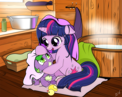 Size: 1263x1010 | Tagged: safe, artist:dsana, character:spike, character:twilight sparkle, character:twilight sparkle (unicorn), species:dragon, species:pony, species:unicorn, baby, baby dragon, baby spike, bath, bath toy, bathtub, bottle, cabin, cute, cutie mark, drying, dsana is trying to murder us, duo, female, filly, filly twilight sparkle, looking at each other, male, mama twilight, open mouth, rubber duck, sauna, shampoo, signature, smiling, spikabetes, spikelove, towel, towel rack, toy, twiabetes, water, weapons-grade cute, window, wood, young