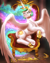 Size: 3600x4500 | Tagged: safe, artist:mykegreywolf, character:princess celestia, absurd resolution, angry, big wings, commission, female, frown, glare, gold, jewelry, lightning, looking at you, melted, melting, missing accessory, rage, ragelestia, regalia, sexy, sitting, solo, spread wings, throne, underhoof, wide eyes, wings