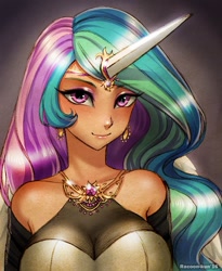 Size: 700x853 | Tagged: safe, artist:racoonsan, character:princess celestia, species:human, beautiful, bedroom eyes, big breasts, breasts, busty princess celestia, cleavage, clothing, cute, cutelestia, dagger, ear piercing, earring, eyeshadow, female, humanized, jewelry, lipstick, looking at you, makeup, pen drawing, piercing, seductive look, sexy, smiling, solo, stupid sexy celestia, traditional art, weapon, winged humanization
