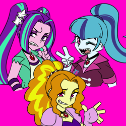 Size: 1000x1000 | Tagged: safe, artist:raika0306, character:adagio dazzle, character:aria blaze, character:sonata dusk, equestria girls:rainbow rocks, g4, my little pony: equestria girls, my little pony:equestria girls, clothing, fangs, gem, jewelry, looking at you, pendant, pink background, shark teeth, simple background, siren gem, the dazzlings, trio