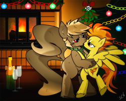 Size: 1097x878 | Tagged: safe, artist:dsana, character:spitfire, oc, species:pony, canon x oc, champagne, christmas tree, commission, decoration, fireplace, glass, kissing, male, mistletoe, necktie, shipping, stallion, straight, tree