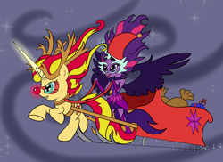 Size: 3508x2550 | Tagged: safe, artist:cybersquirrel, character:daydream shimmer, character:midnight sparkle, character:sunset shimmer, character:twilight sparkle, character:twilight sparkle (scitwi), species:pony, my little pony:equestria girls, christmas, cute, daydream shimmer, equestria girls ponified, flying, midnight sparkle, midnightabetes, night, night sky, ponified, red nosed reindeer, sleigh