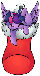 Size: 1862x3482 | Tagged: safe, artist:cutepencilcase, character:twilight sparkle, character:twilight sparkle (alicorn), species:alicorn, species:pony, christmas stocking, commission, cute, eyes closed, female, silly, silly pony, smiling, solo, twiabetes, ych result
