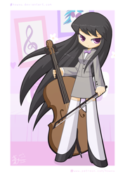 Size: 1200x1688 | Tagged: safe, artist:howxu, character:dj pon-3, character:octavia melody, character:vinyl scratch, species:human, bow (instrument), bow tie, cello, cello bow, clothing, female, humanized, long hair, music notes, musical instrument, solo, zettai ryouiki