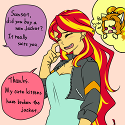 Size: 1000x1000 | Tagged: safe, artist:raika0306, character:adagio dazzle, character:sunset shimmer, ship:sunsagio, my little pony:equestria girls, clothing, dialogue, engrish, eyes closed, implied lesbian, implied sunsagio, implied twilight sparkle, open mouth, shipping, speech bubble
