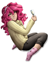 Size: 1204x1525 | Tagged: safe, artist:kikirdcz, character:pinkie pie, species:human, beverage, blushing, champagne, clothing, eyes closed, feet, female, freckles, glass, grin, happy, humanized, kneeling, pants, simple background, smiling, socks, solo, striped socks, sweater, transparent background