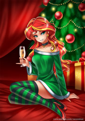Size: 900x1274 | Tagged: safe, artist:racoonsan, character:sunset shimmer, species:human, g4, my little pony:equestria girls, 2017, bare shoulders, bedroom eyes, champagne, champagne glass, choker, christmas, christmas tree, clothing, eyebrows, eyeshadow, female, full body, grin, happy new year, happy new year 2017, high heels, holiday, humanized, looking at you, makeup, nail polish, new year, off shoulder, present, seductive look, sitting, smiling, socks, solo, striped socks, stupid sexy sunset shimmer, thigh highs, tree, zettai ryouiki