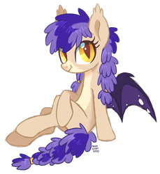 Size: 1024x1120 | Tagged: dead source, safe, artist:hawthornss, oc, oc only, oc:lulle bye, species:bat pony, species:pony, cute, looking at you, moonsugar is trying to kill us, simple background, sitting, smiling, solo, spread wings, transparent background, wings