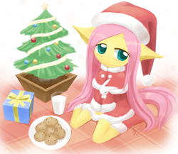 Size: 1385x1200 | Tagged: safe, artist:howxu, character:fluttershy, species:anthro, christmas tree, clothing, cookie, cute, female, food, glass, hat, howxu is trying to murder us, plate, present, santa hat, shyabetes, signature, smiling, solo, tree, weapons-grade cute