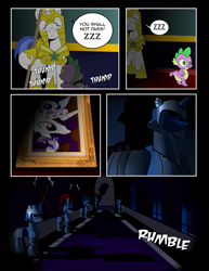 Size: 1275x1650 | Tagged: safe, artist:dsana, character:spike, species:pony, comic:to look after, armor, axe, bust, comic, painting, portrait, princess platinum, royal guard, semi-grimdark series, sleeping, spear, weapon, you had one job, you shall not pass, zzz