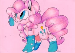 Size: 2454x1727 | Tagged: safe, artist:cutepencilcase, character:pinkie pie, chest fluff, clothing, female, fluffy, simple background, socks, solo, traditional art