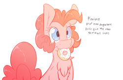 Size: 4000x2600 | Tagged: safe, artist:fluffyxai, character:pinkie pie, species:pony, :3, :t, chest fluff, cute, dialogue, diapinkes, donut, female, fluffy, food, mouth hold, nom, offscreen character, simple background, sitting, smiling, solo, white background