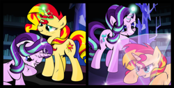 Size: 2614x1333 | Tagged: safe, artist:dsana, character:starlight glimmer, character:sunset shimmer, species:pony, species:unicorn, aftermath, book, bookshelf, bruised, commission, counterparts, crystal, fight, floor, library, magic, sweat, training, twilight's castle, twilight's counterparts