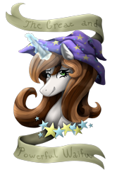 Size: 1192x1800 | Tagged: safe, artist:kikirdcz, oc, oc only, species:pony, species:unicorn, accessory swap, banner, bust, female, mare, portrait, simple background, solo, the great and powerful, transparent background, trixie's hat