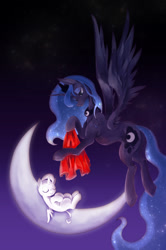 Size: 664x1000 | Tagged: safe, artist:kolshica, character:princess luna, oc, oc:crescent, blanket, crescent moon, hijo de la luna, maternaluna, moon, tangible heavenly object