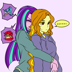 Size: 1000x1000 | Tagged: safe, artist:raika0306, character:adagio dazzle, character:aria blaze, character:sonata dusk, character:sunset shimmer, equestria girls:rainbow rocks, g4, my little pony: equestria girls, my little pony:equestria girls, ..., adaria, blushing, clothing, crying, eyes closed, female, from behind, hoodie, hug, jealous, lesbian, long hair, loose hair, open mouth, possessive, shipping, simple background, sweater, the dazzlings