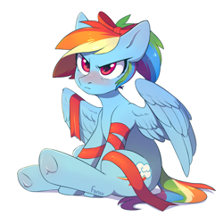 Size: 2915x2817 | Tagged: safe, artist:fensu-san, character:rainbow dash, species:pegasus, species:pony, g4, alternate hairstyle, backwards cutie mark, blushing, bow, embarrassed, female, grumpy, hair bow, mare, rainbow dash always dresses in style, ribbon, signature, simple background, sitting, solo, three quarter view, underhoof, white background