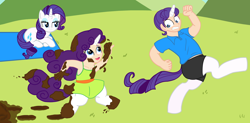 Size: 5172x2550 | Tagged: safe, artist:oneovertwo, character:rarity, oc, oc:garret, oc:sapphire belle, parent:oc:anon, parent:rarity, satyr, absurd resolution, brother and sister, mother and daughter, mother and son, mud, offspring